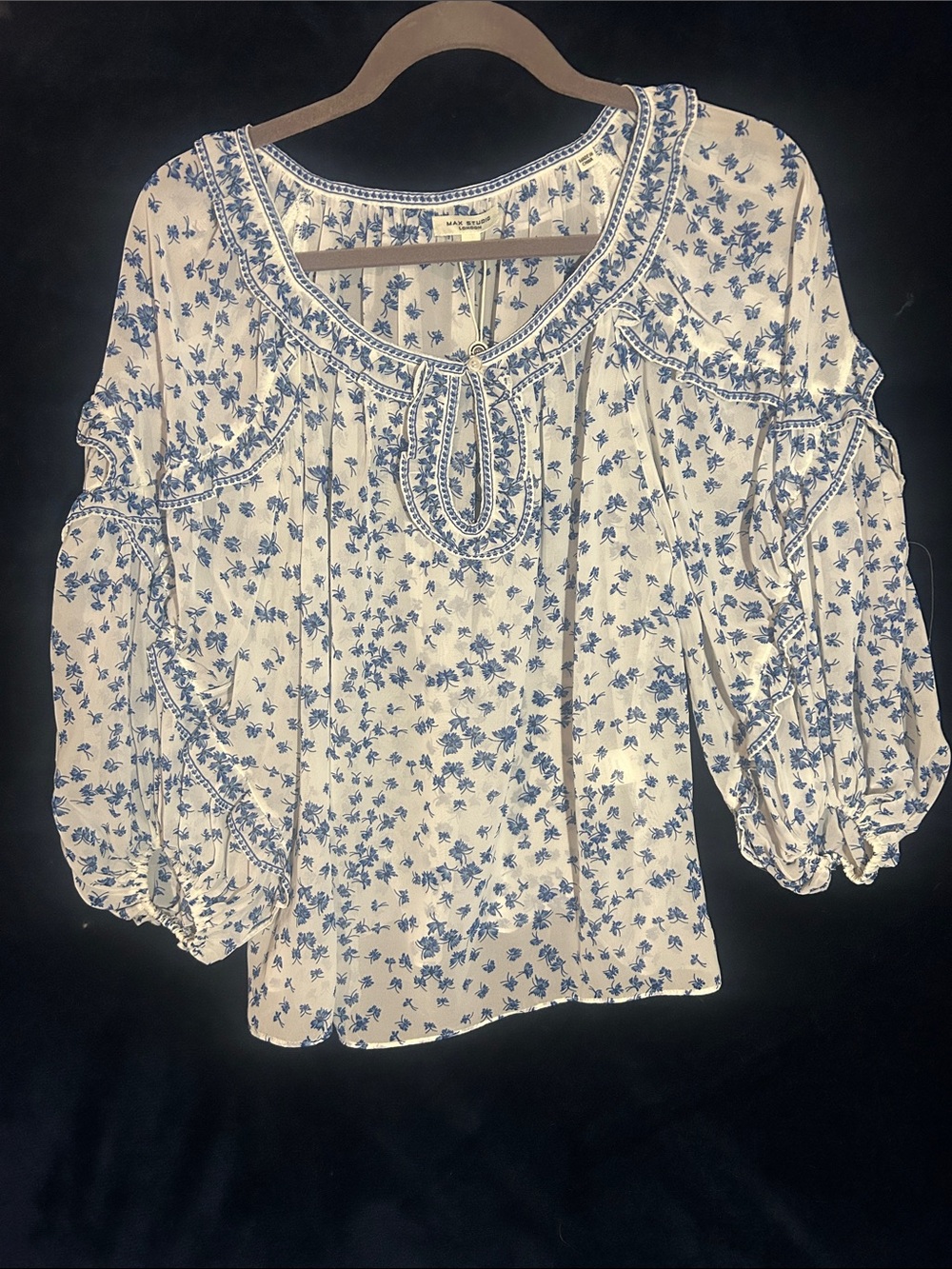Max Studio White Blouse with Blue Floral Print